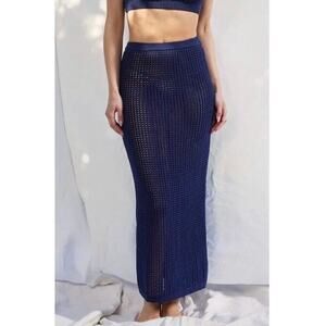 Faraway Lelia 100% Cotton Navy Blue Open Crochet Knit Long Maxi Skirt SMALL